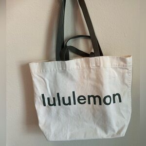Lululemon Athletica White Canvas Tote with Olive Green Logo and Straps
